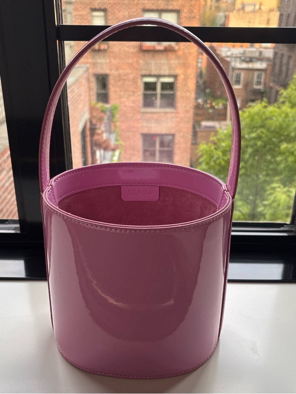 Pink Patent Leather Bucket Bag from Staud with Top Handle
